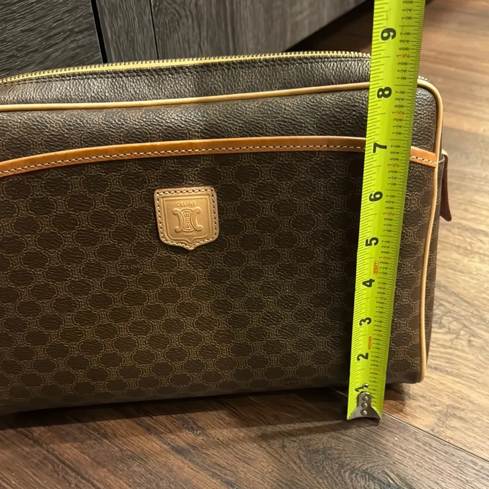 Celine Pre Owned Authentic Brown and Tan Toiletry Bag with Monogram Pattern.